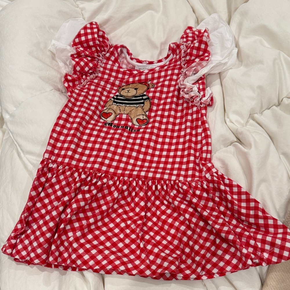MonnaLisa Red and White Gingham Dress with Bear Applique sz6